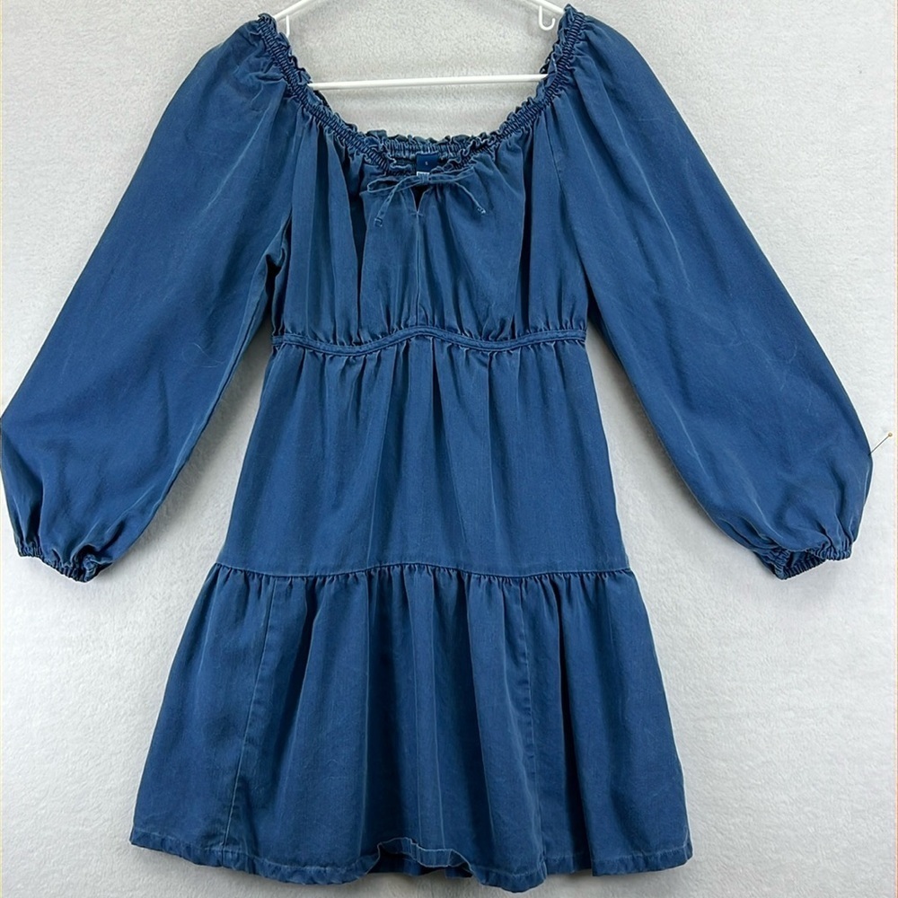 Old Navy Mini Dress Size S Blue Tencel Lyocell Tiered Skirt Elastic Back Boho